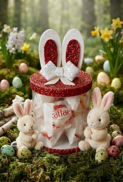 Oster Gastgeschenk mit roten Glitzer Hasenohren und Raffaello Pralinen - handgemachte rote Oster Verpackung mit weisser Schleife - Unikat